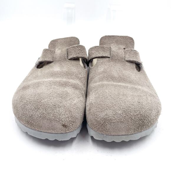 SOLD-Birkenstock Boston Mules Grey Suede Leather Soft Footbed Sz 39 / 8 NARROW - Picture 3 of 8